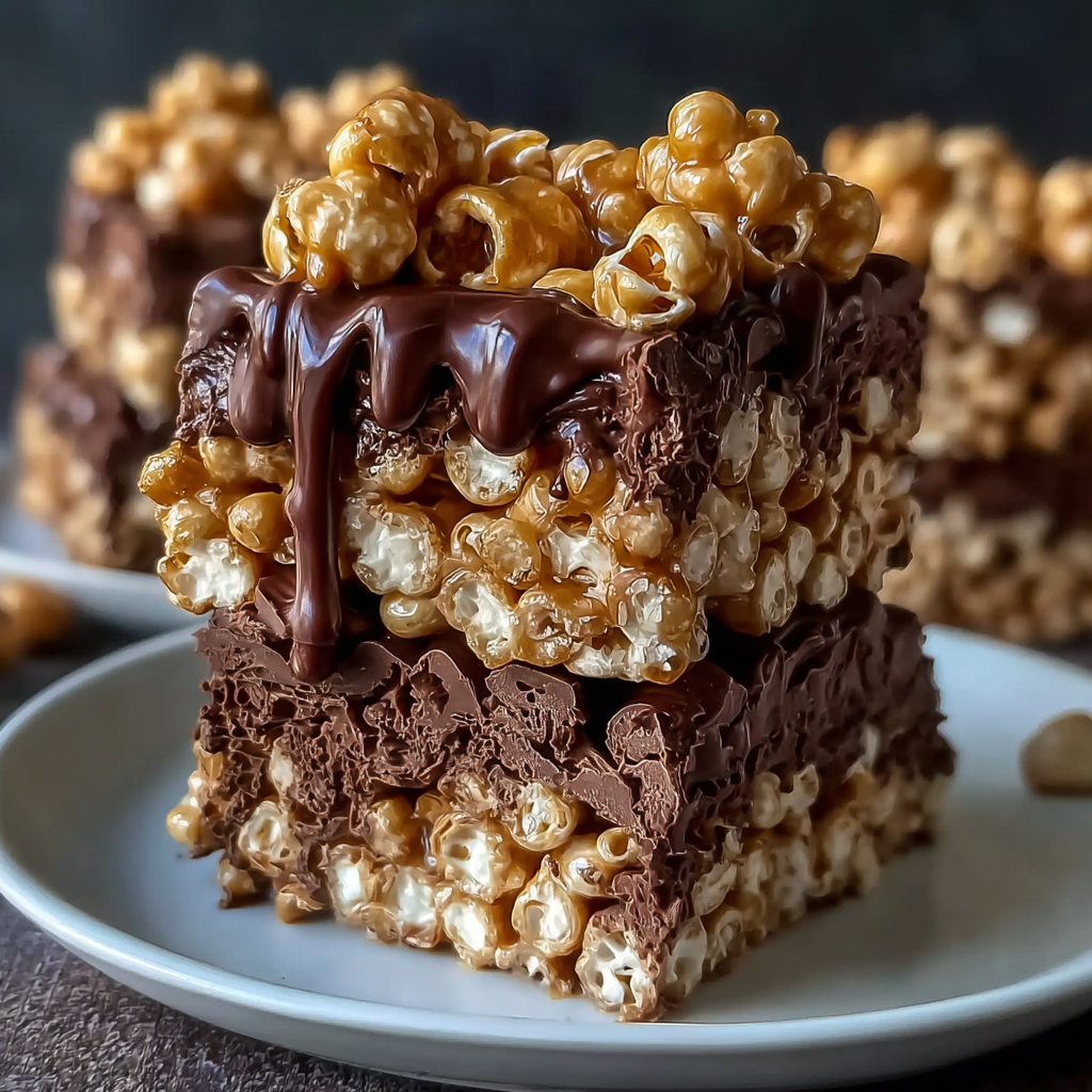Peanut Butter Rice Krispie Treats with chocolate drizzle on a pan
