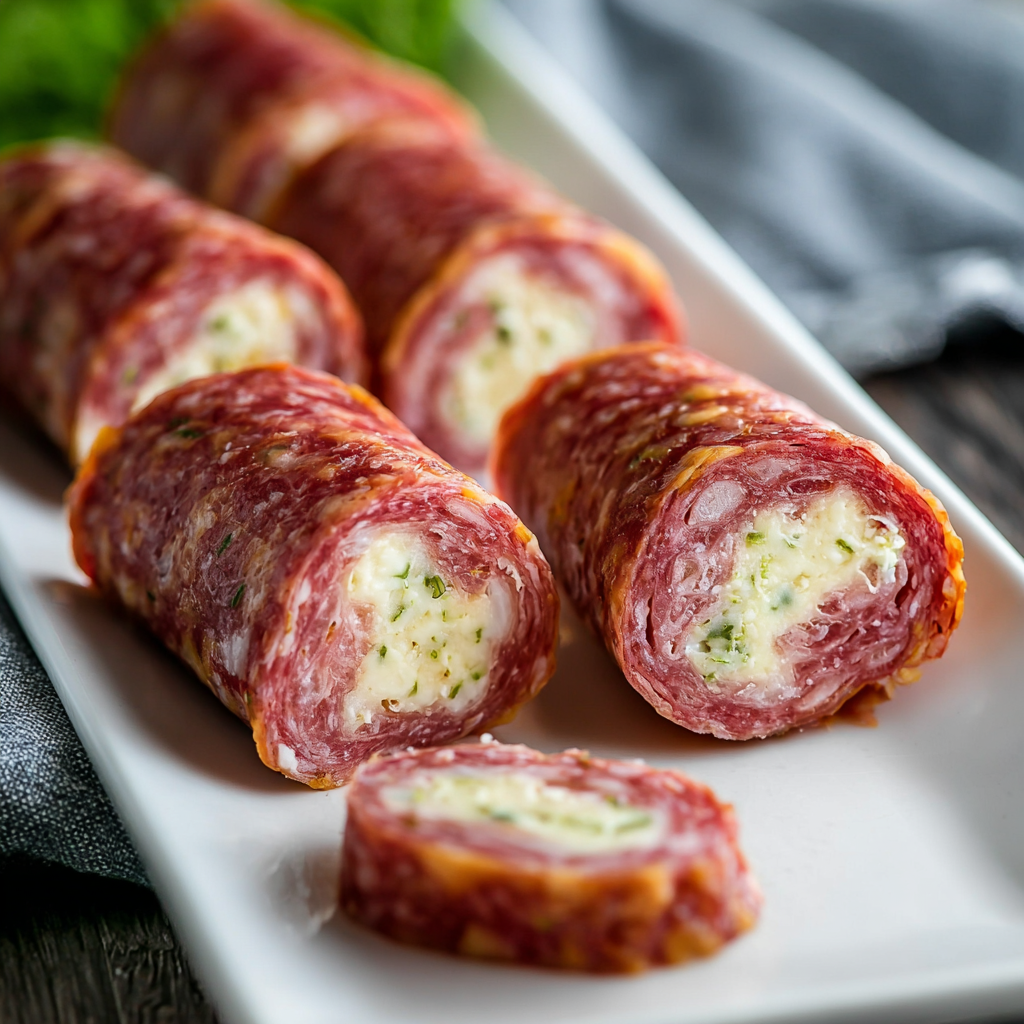 Salami roll-ups on parchment