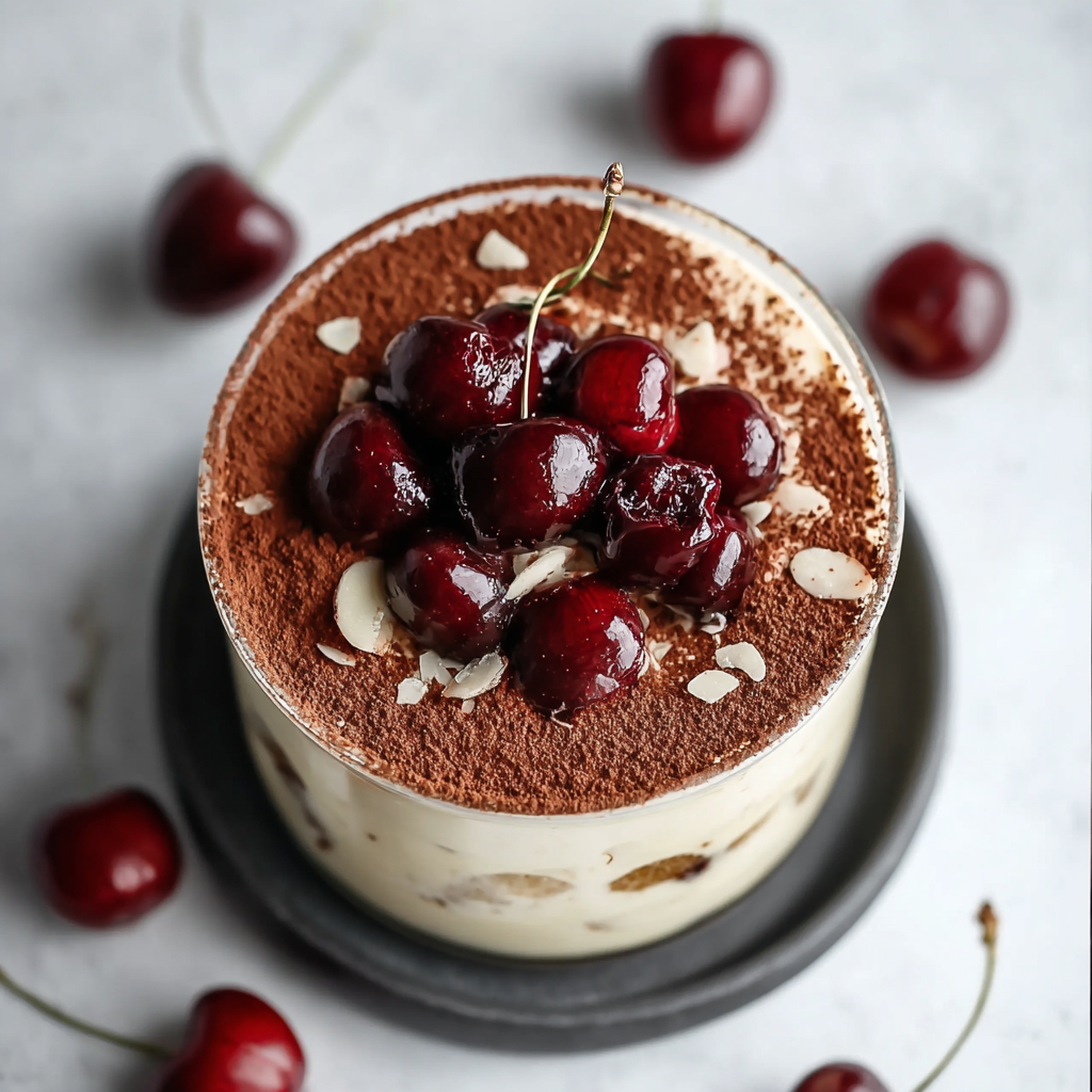 Cherry Amaretto Tiramisu sliced in dish with shaved chocolate