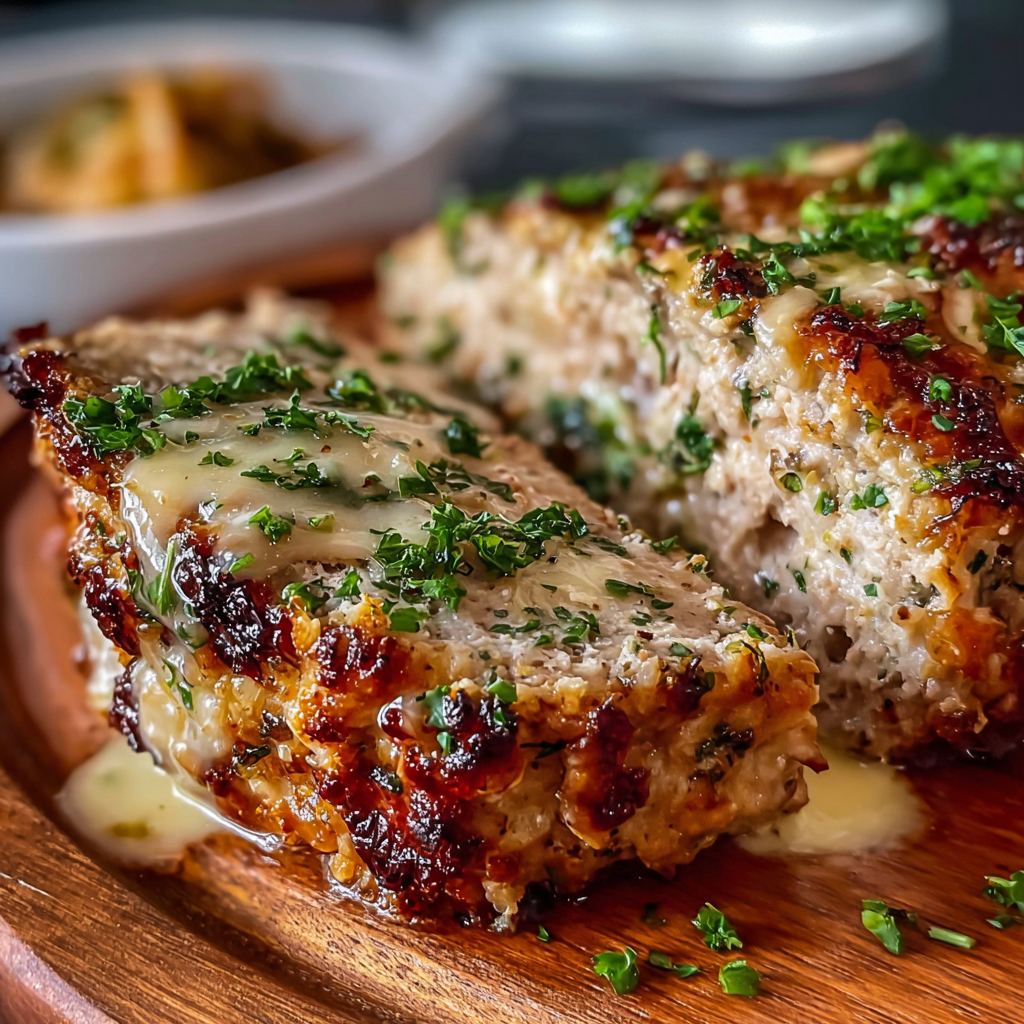 Sliced meatloaf on serving plate