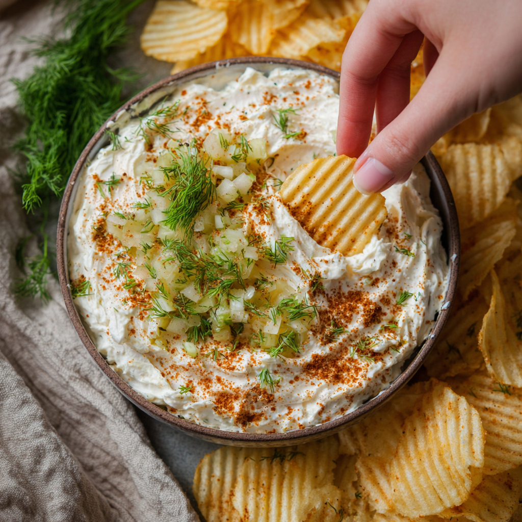 Creamy fried pickle dip in serving bowl with fresh dill garnish