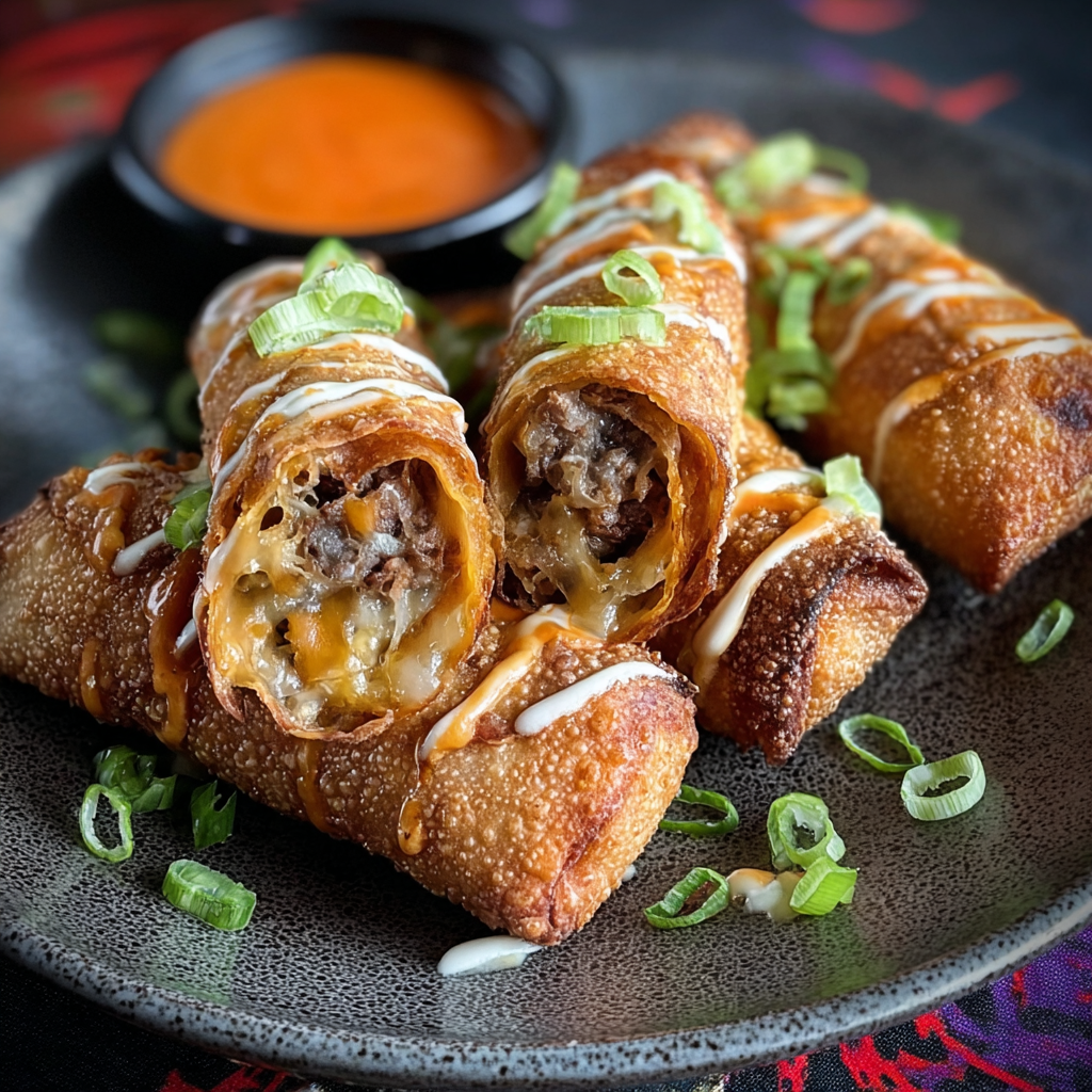 Plated voodoo egg rolls with dipping sauce