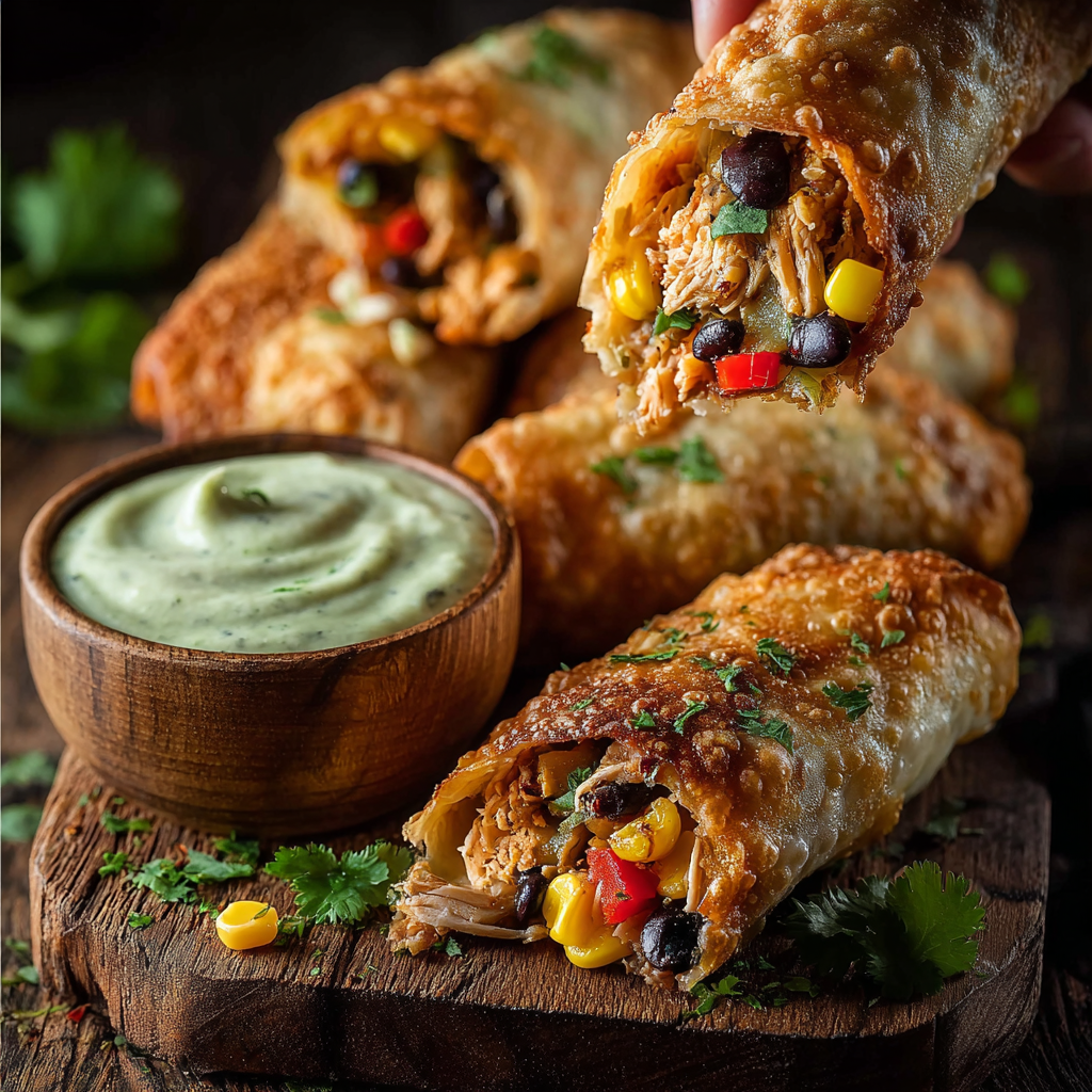 Close-up of golden Southwest eggrolls on a plate