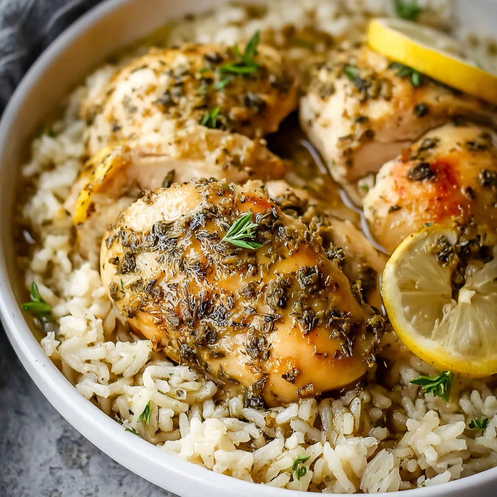 Slow cooker lemon herb chicken and rice in a white bowl