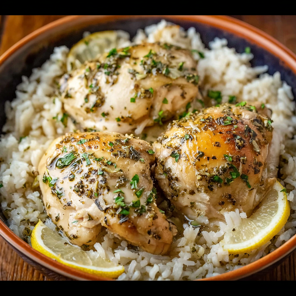 Close up of shredded chicken and rice with parsley