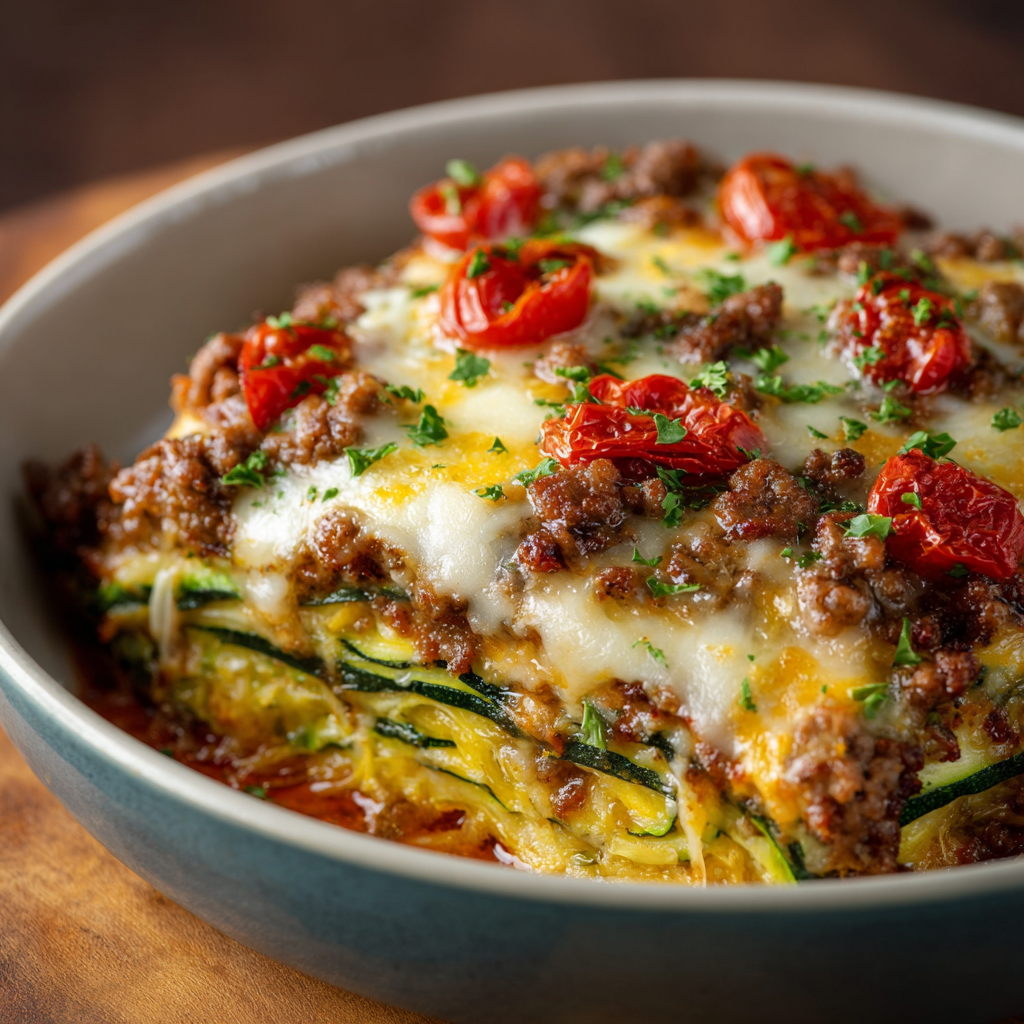 Zucchini Pizza Casserole being assembled in a baking dish