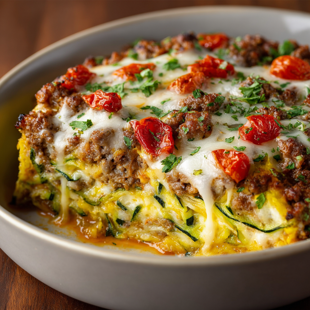 A slice of zucchini pizza casserole on a plate with melted cheese