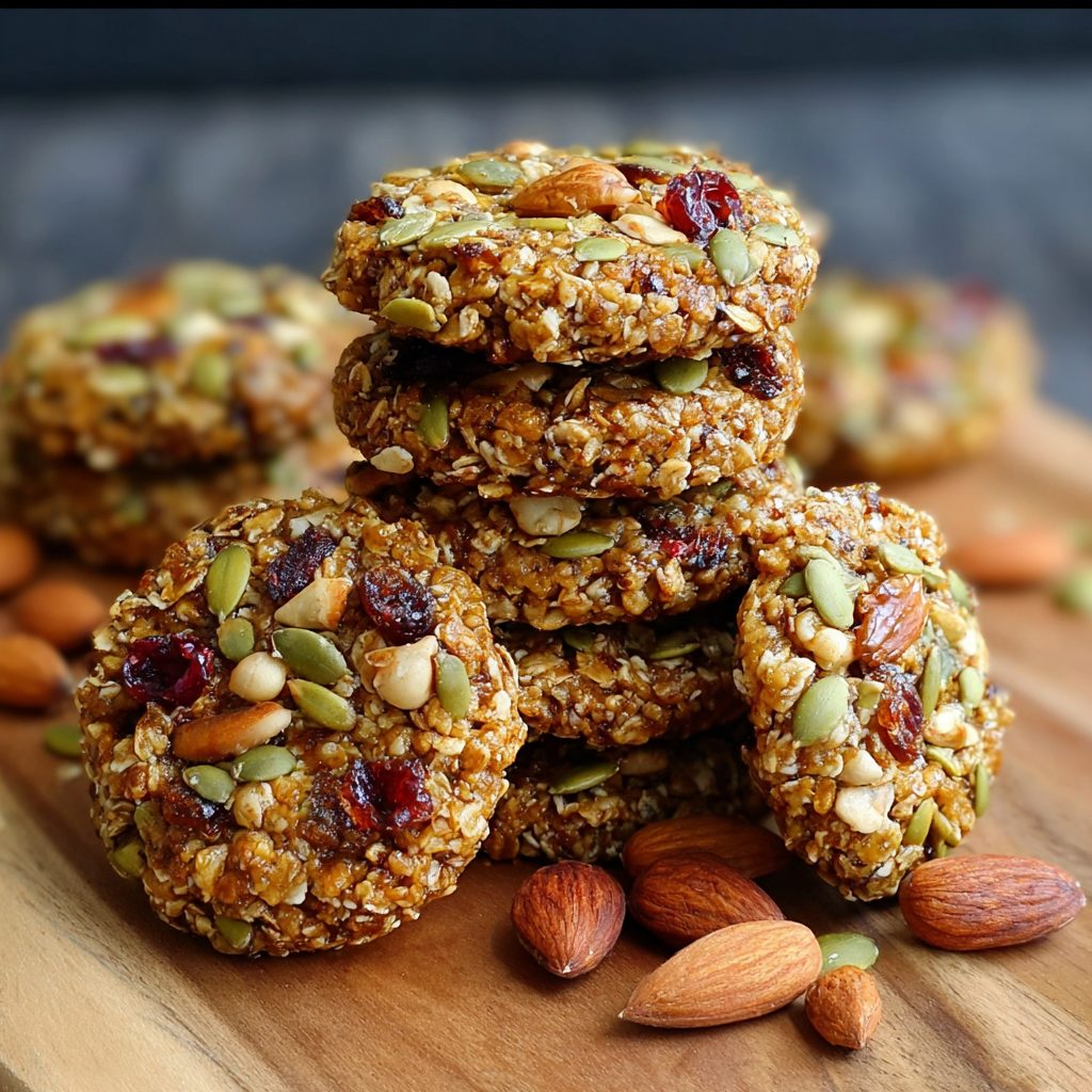 Close-up of a cookie showing seeds and nuts