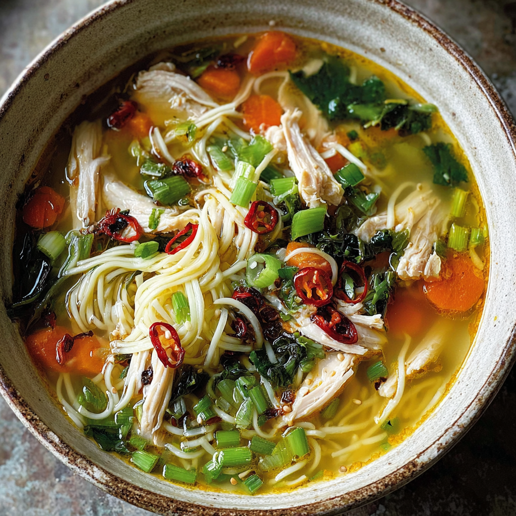 Finished bowl of ginger garlic chicken noodle soup