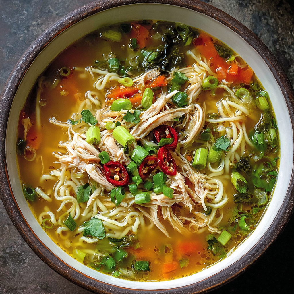 Pot of simmering ginger garlic chicken noodle soup