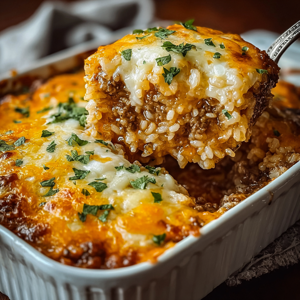French Onion Ground Beef and Rice Casserole in baking dish