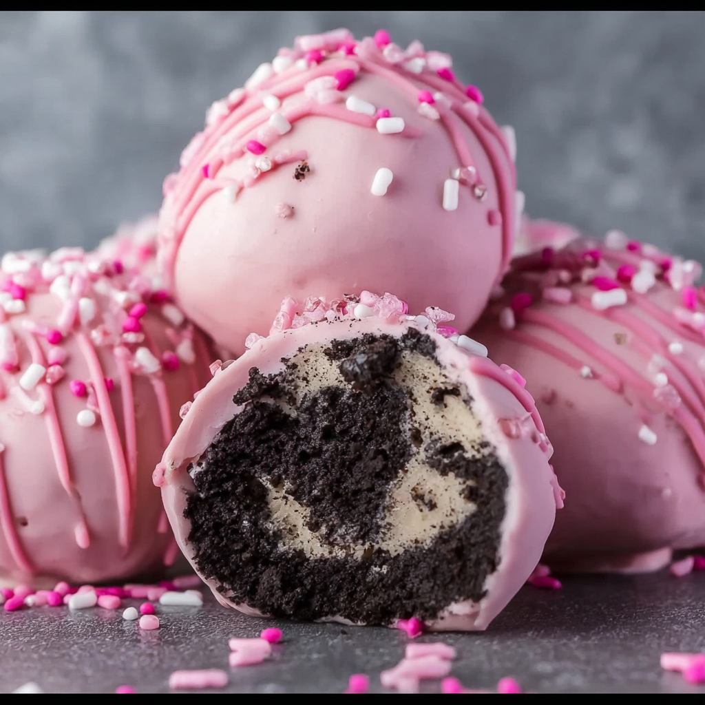 Close-up of a dipped truffle with pink sprinkles