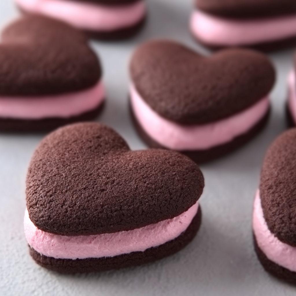Two heart-shaped chocolate sandwich cookies on parchment paper