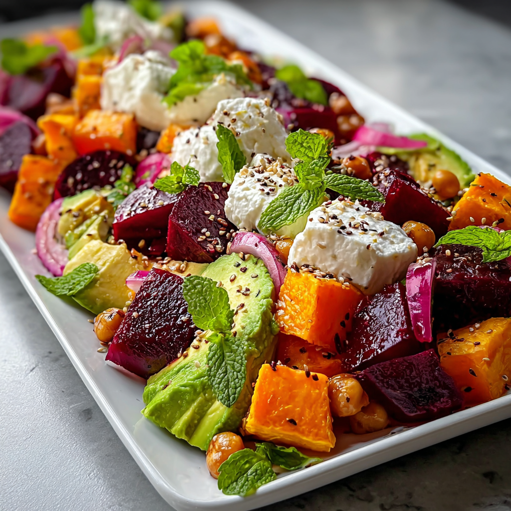 Composed salad with whipped ricotta and avocado slices