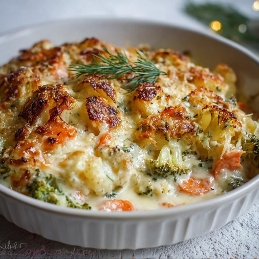 Close-up of creamy cheesy sauce over vegetables