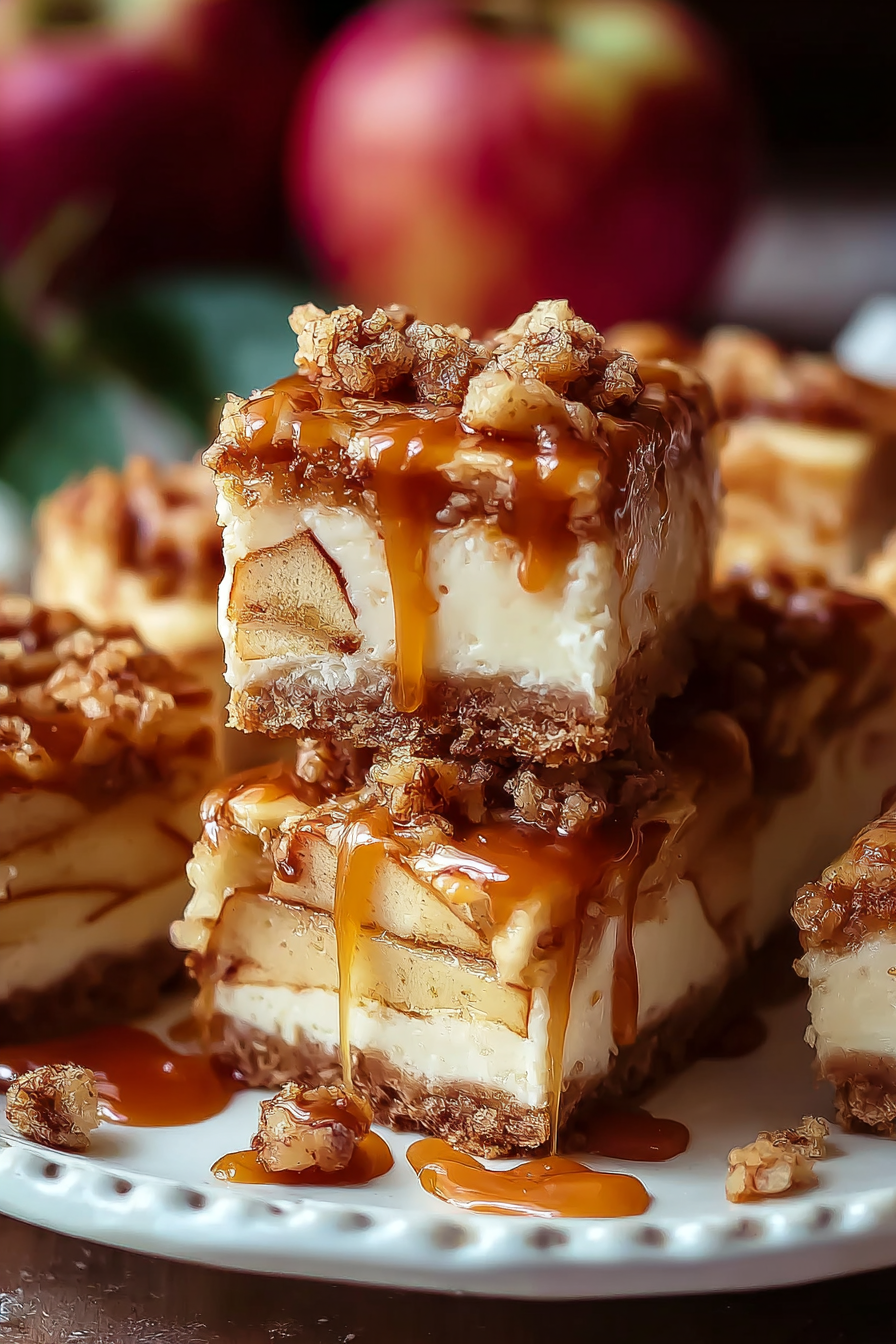 Close-up of caramel apple cheesecake bars with streusel