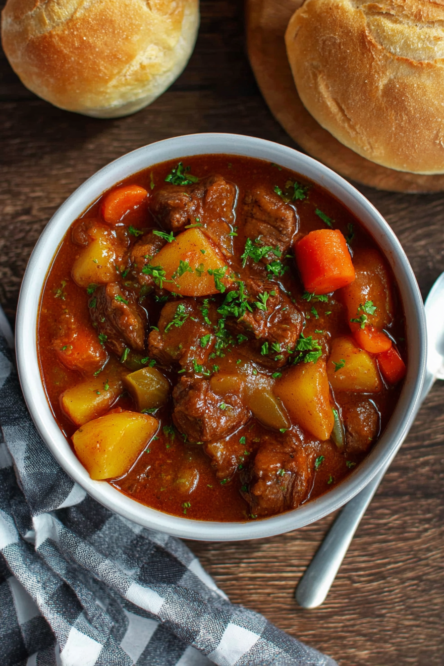 Tender slow cooker beef stew in a bowl with parsley garnish