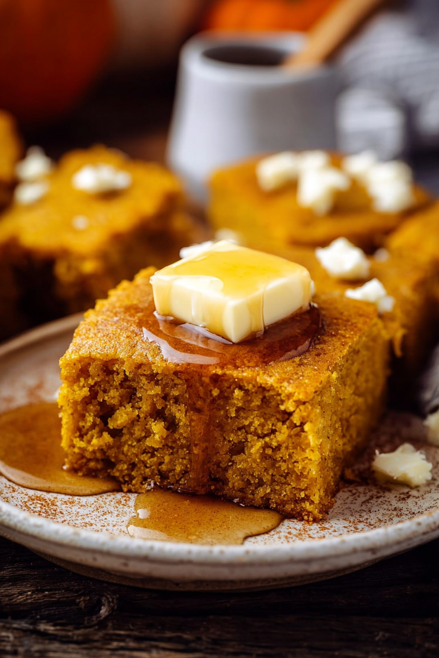 Close-up of pumpkin cornbread square with butter