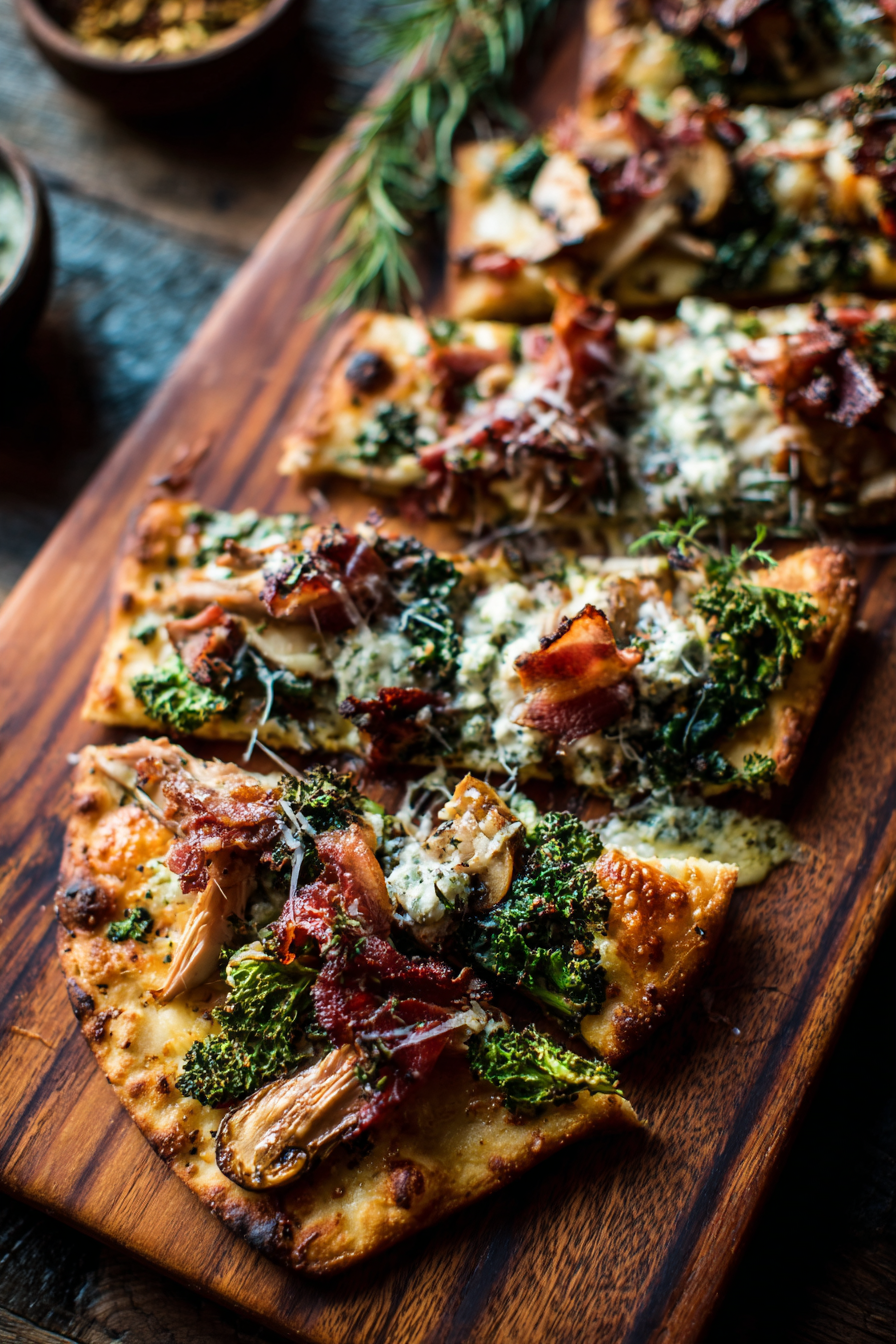 Sliced naan pizza with herbs and honey