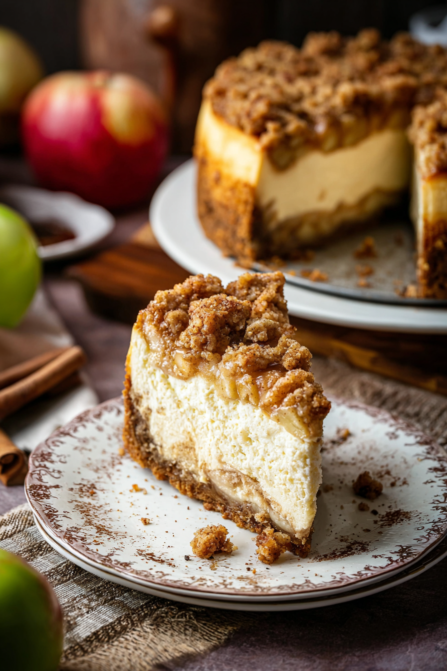 Sliced cheesecake showing apple layer