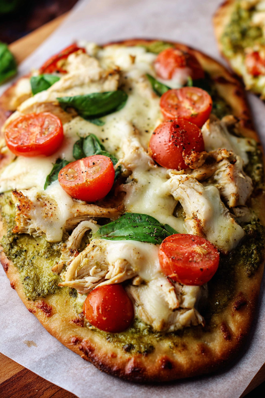 Pesto chicken flatbread on baking sheet