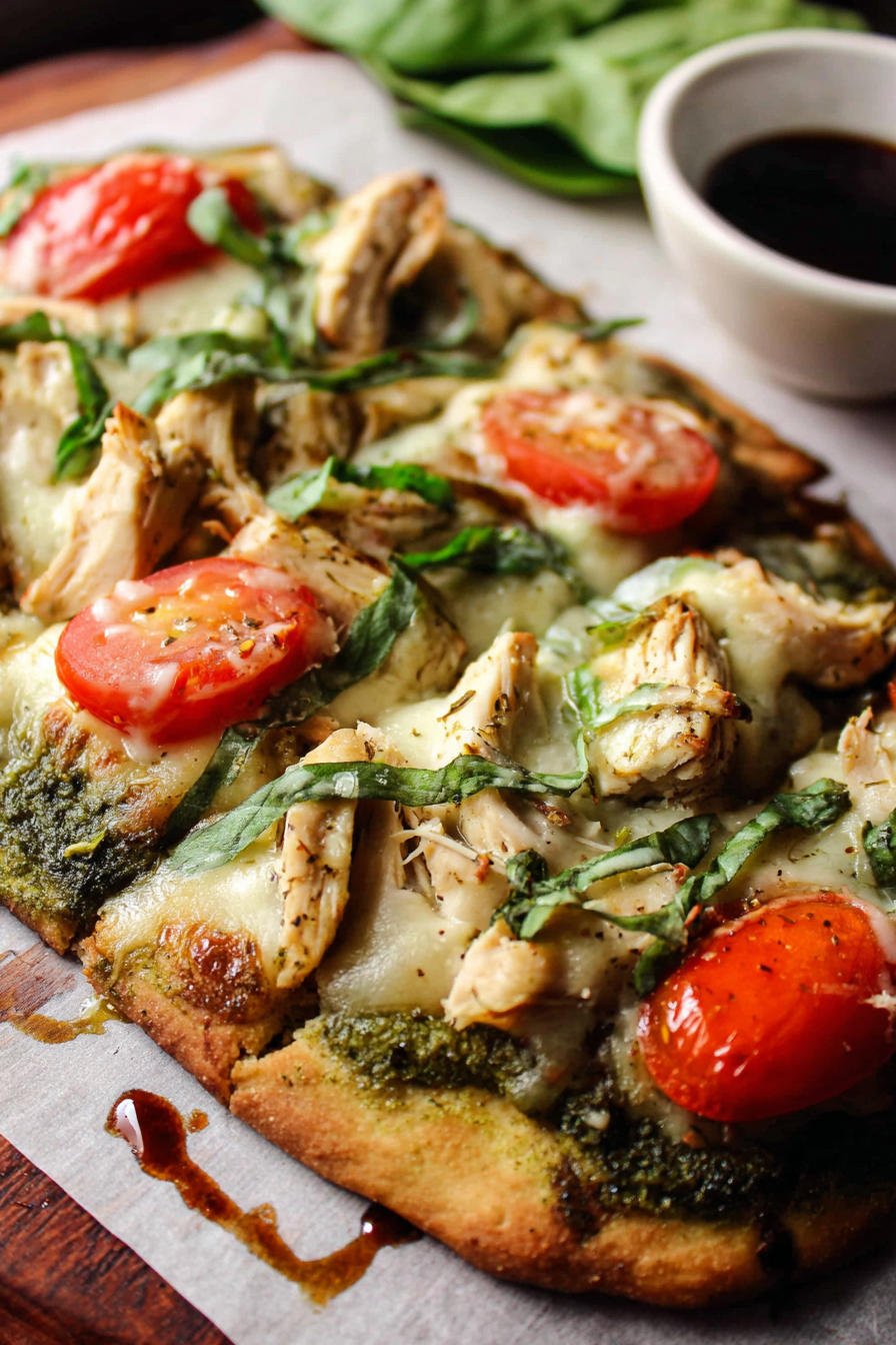 Close up of sliced pesto flatbread