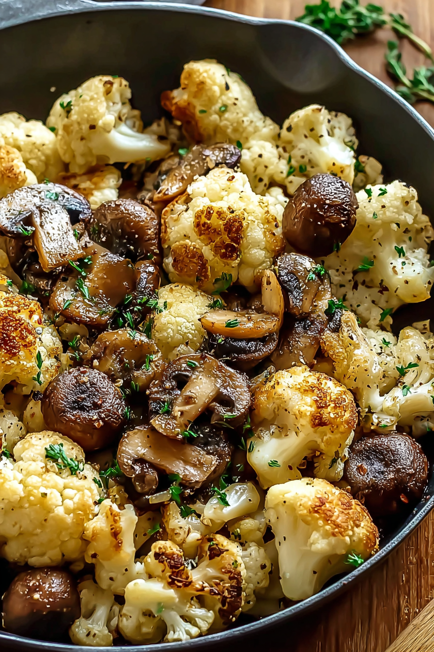Close-up of sautéed mushrooms and cauliflower with herbs