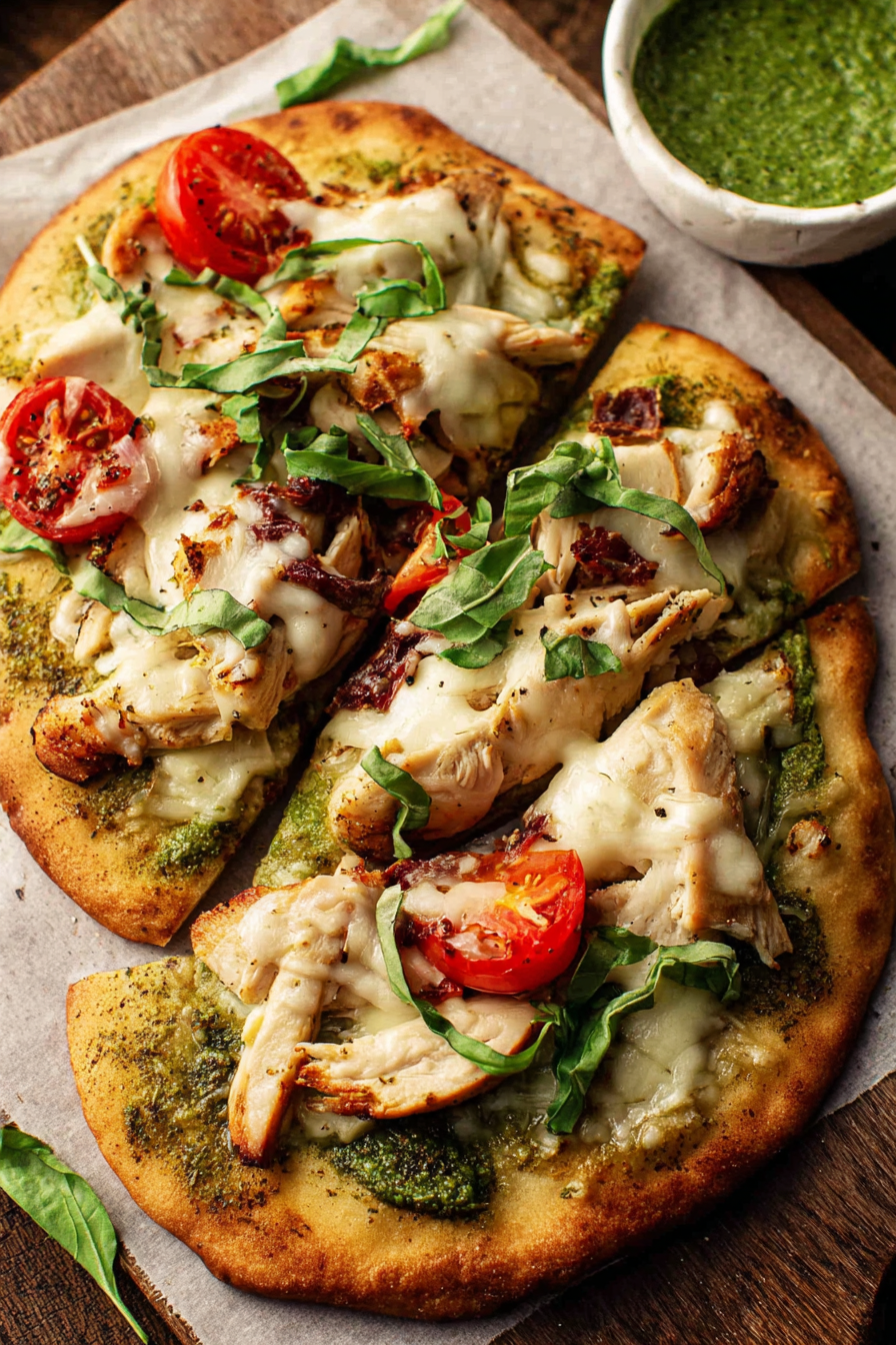 Pesto Chicken Flatbread on baking sheet
