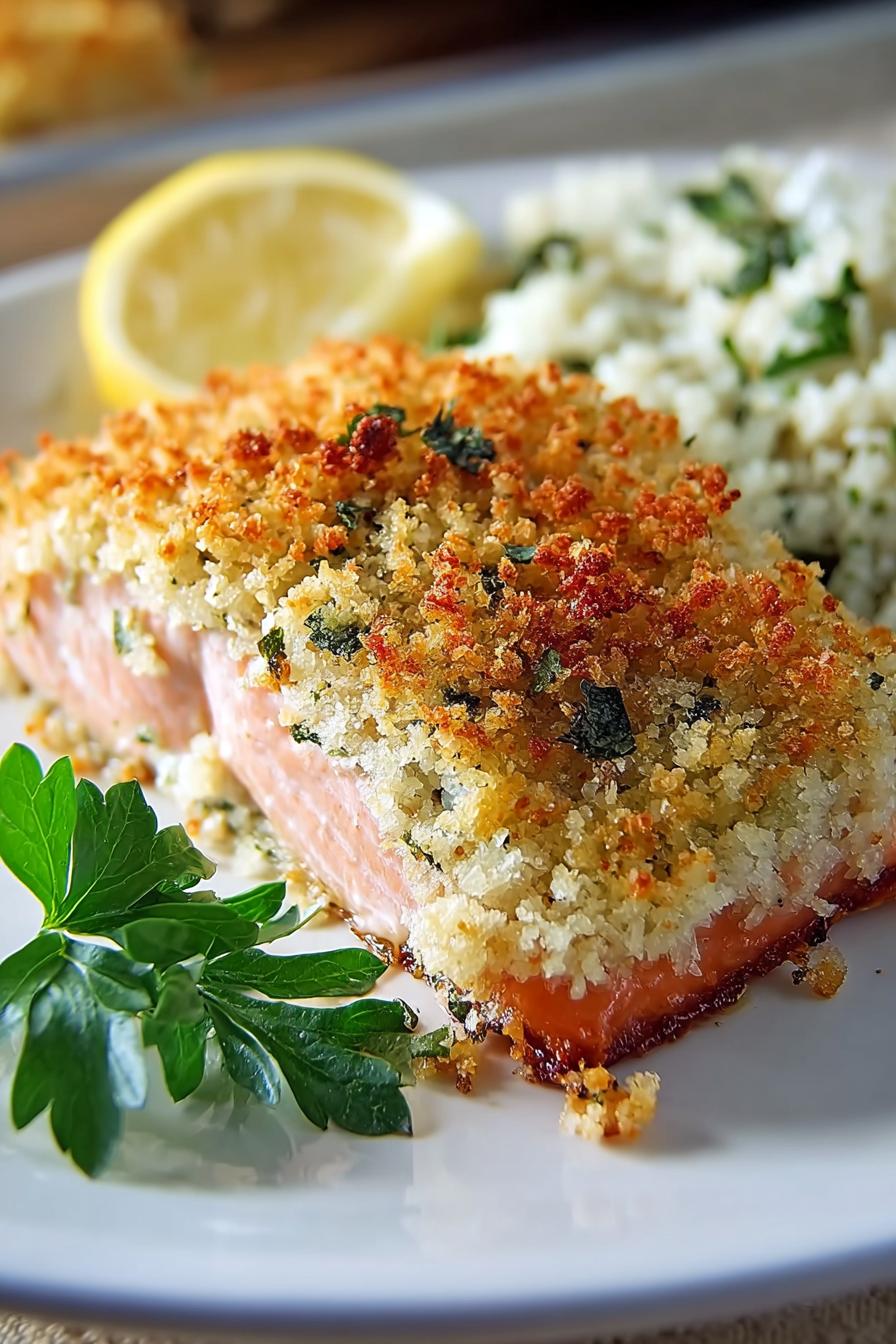 Panko Parmesan Salmon topped and fresh from the oven
