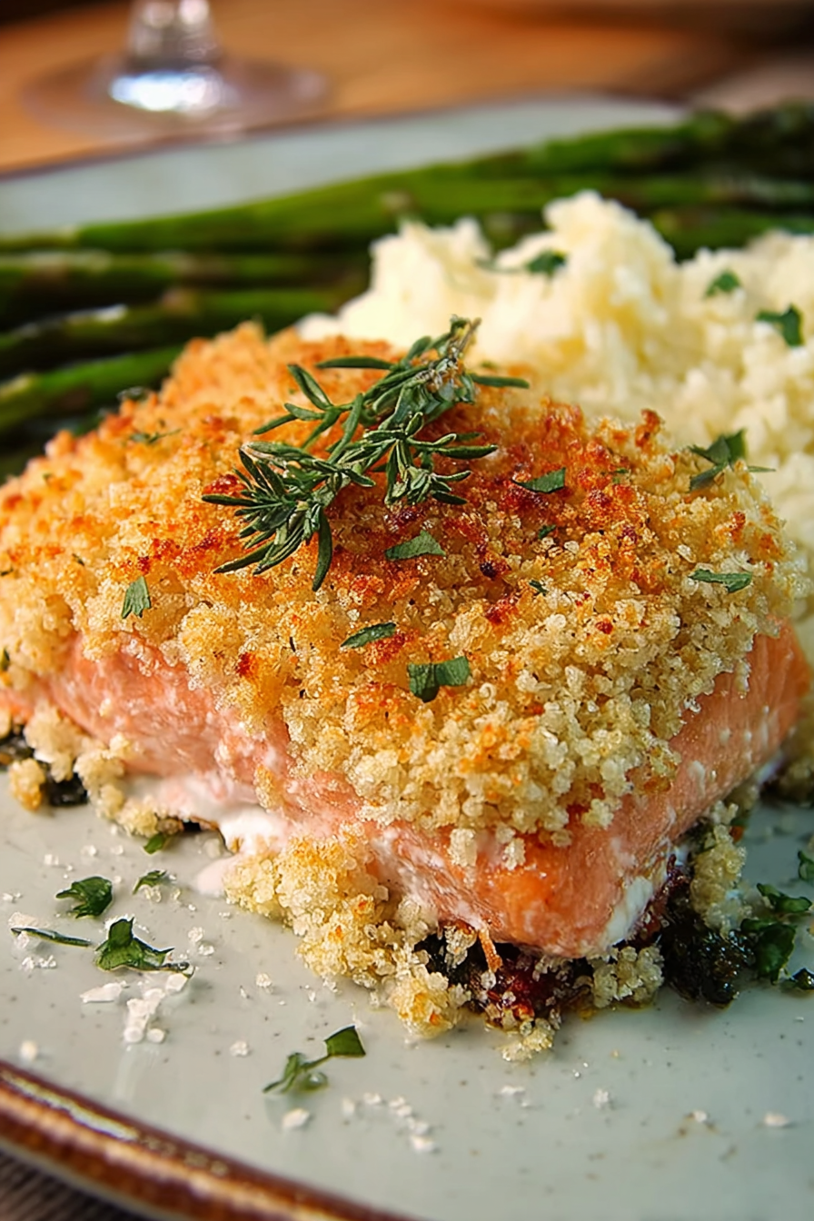 Close-up of the panko crumb crust on salmon