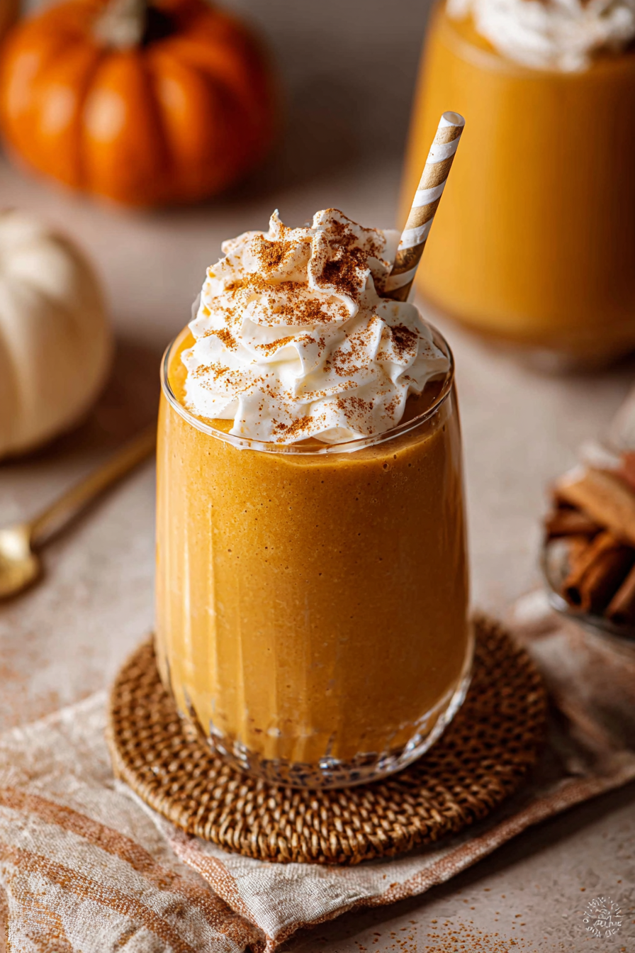 Pumpkin Pie Smoothie in glass with cinnamon