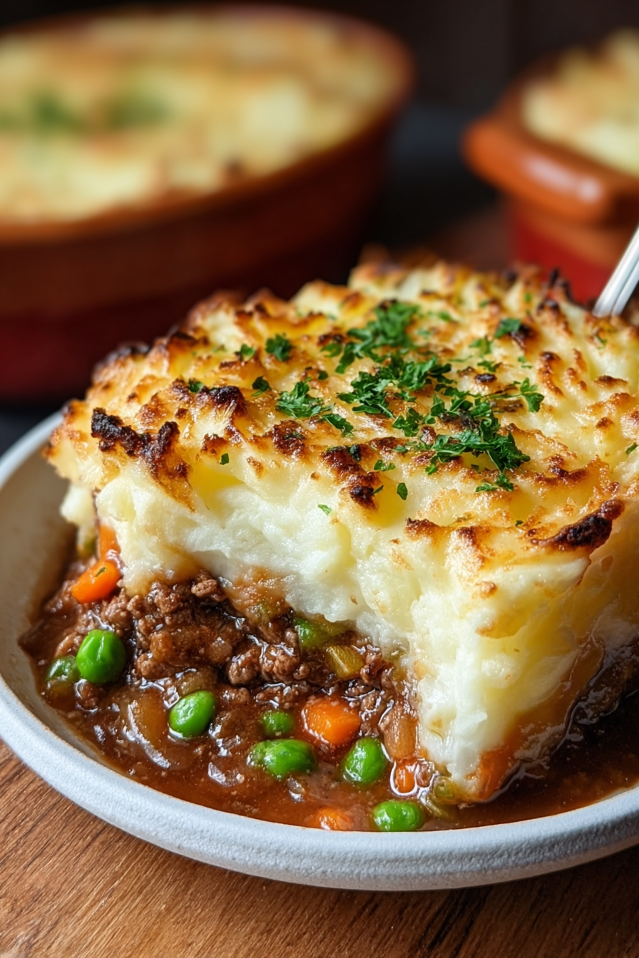 Close-up of shepherd's pie filling and creamy mashed potatoes