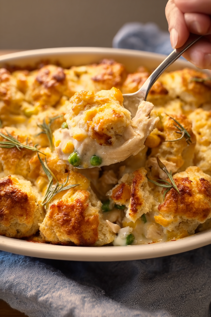 Casserole fresh from oven with golden biscuit topping