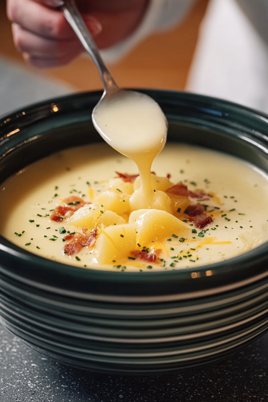 Crock Pot Crack Potato Soup in a bowl garnished with green onions