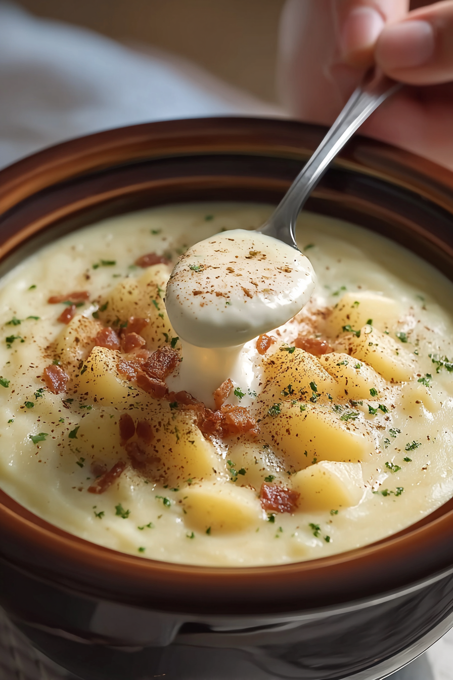 Slow cooker full of potato soup being ladled into bowls