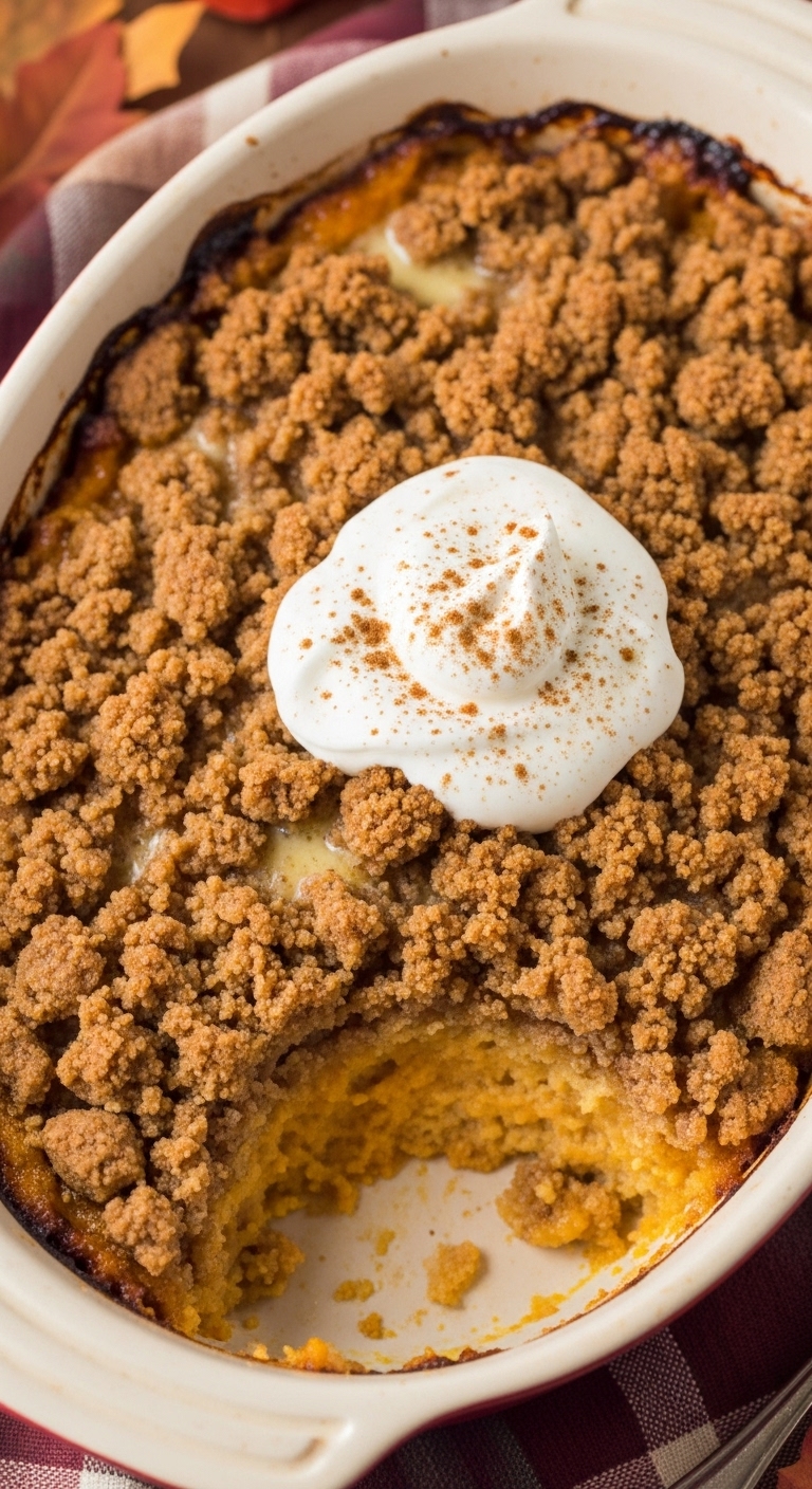 Sliced pumpkin dump cake ready to serve