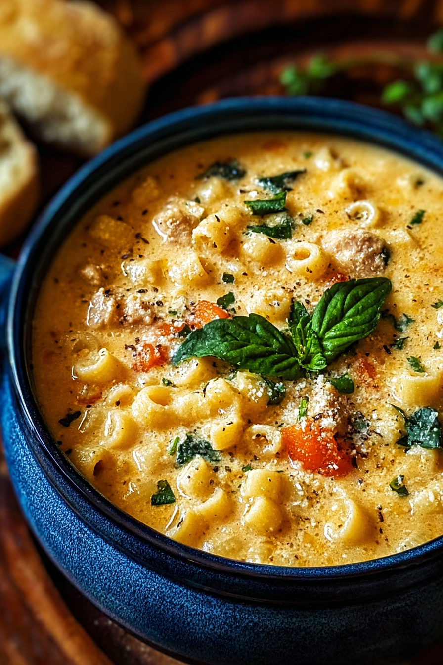 Spoon lifting pasta from creamy soup