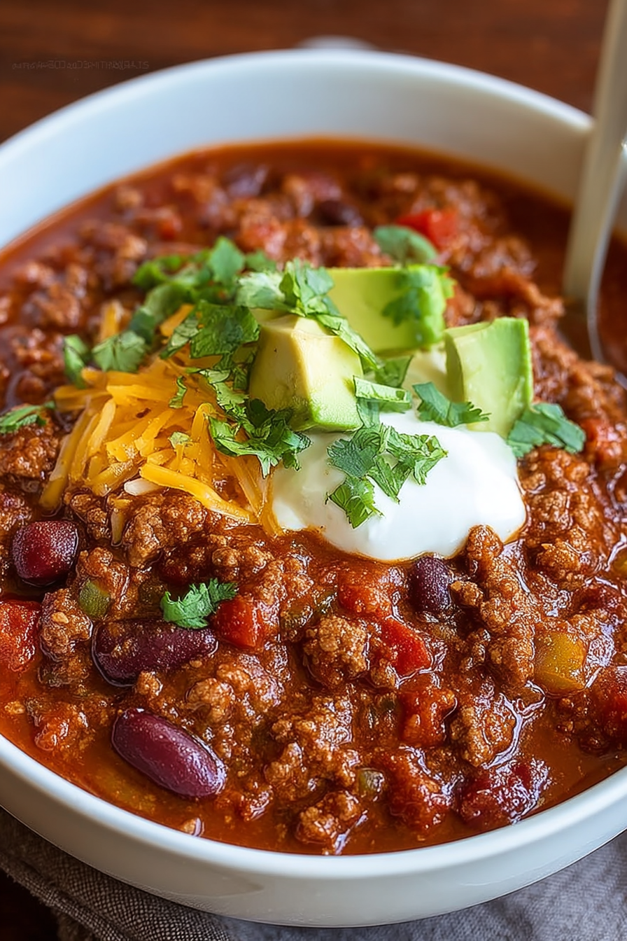 Bowl of homemade chili topped with cheese