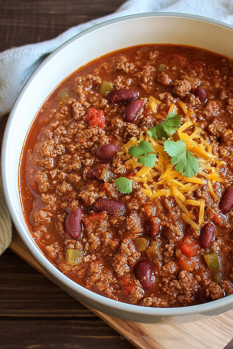 Close-up of chili with toppings
