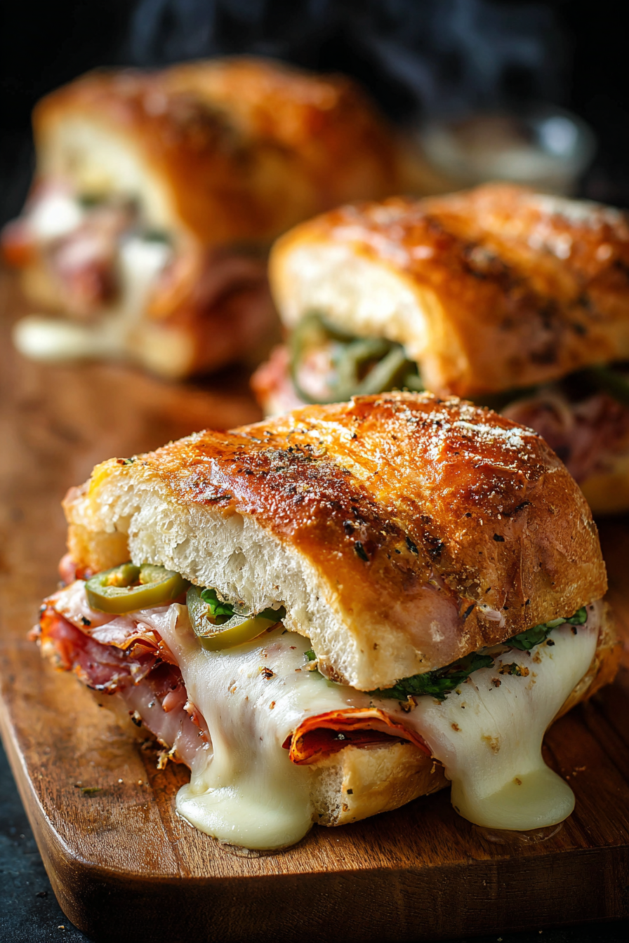 Close-up of a golden baked roll with melted cheese and herbs