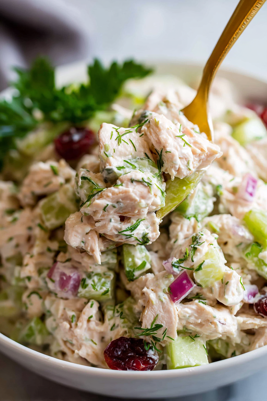 Completed turkey salad in a bowl with lemon wedge