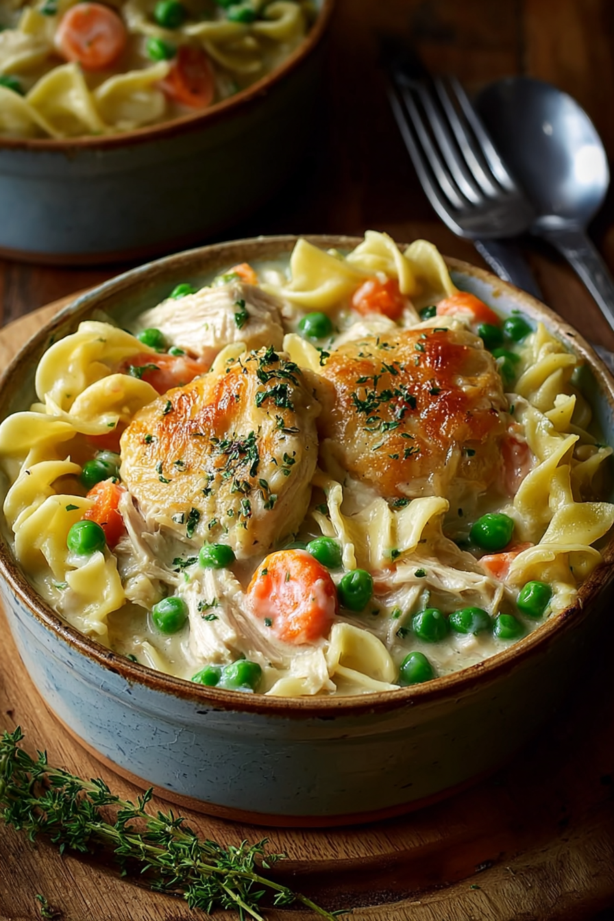 Creamy chicken pot pie pasta in a skillet