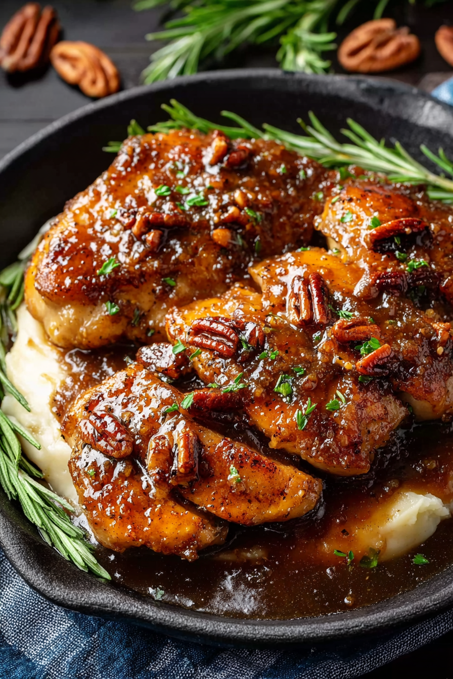 Maple Bourbon Pecan Chicken in baking dish