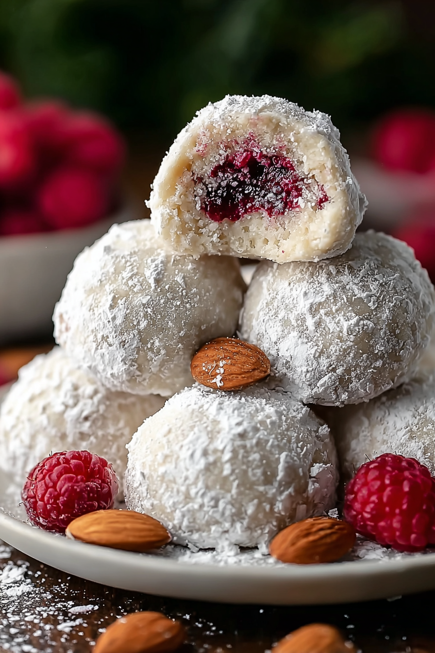 Raspberry Almond Snowball Cookies on a baking sheet