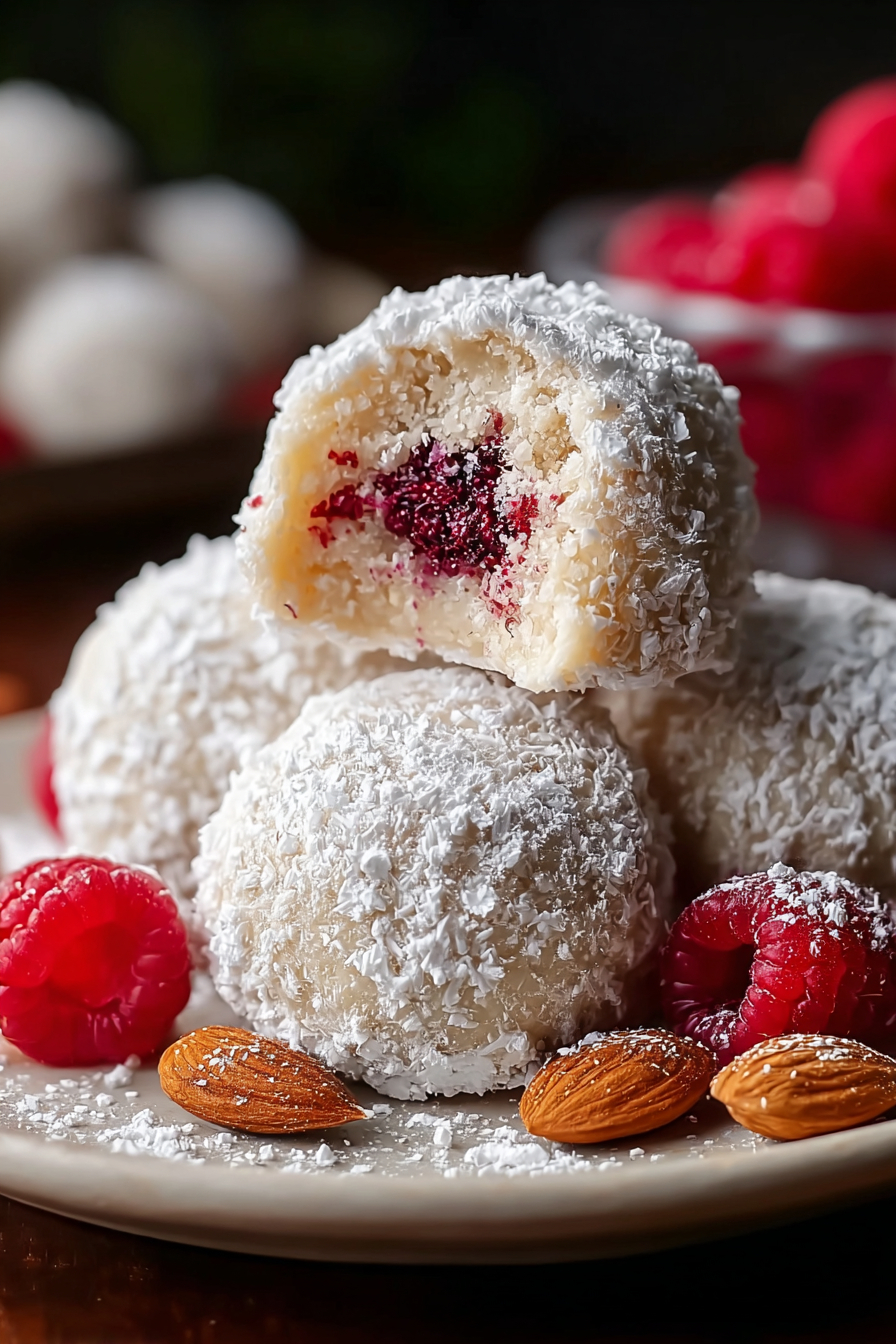 Close-up of a snowball cookie with raspberry center