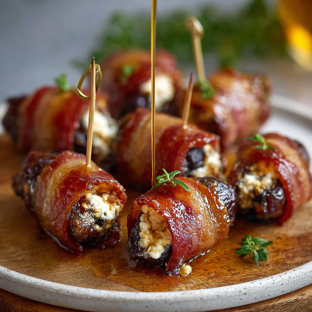 Bacon-Wrapped Dates Stuffed with Goat Cheese and Drizzled with Maple Syrup