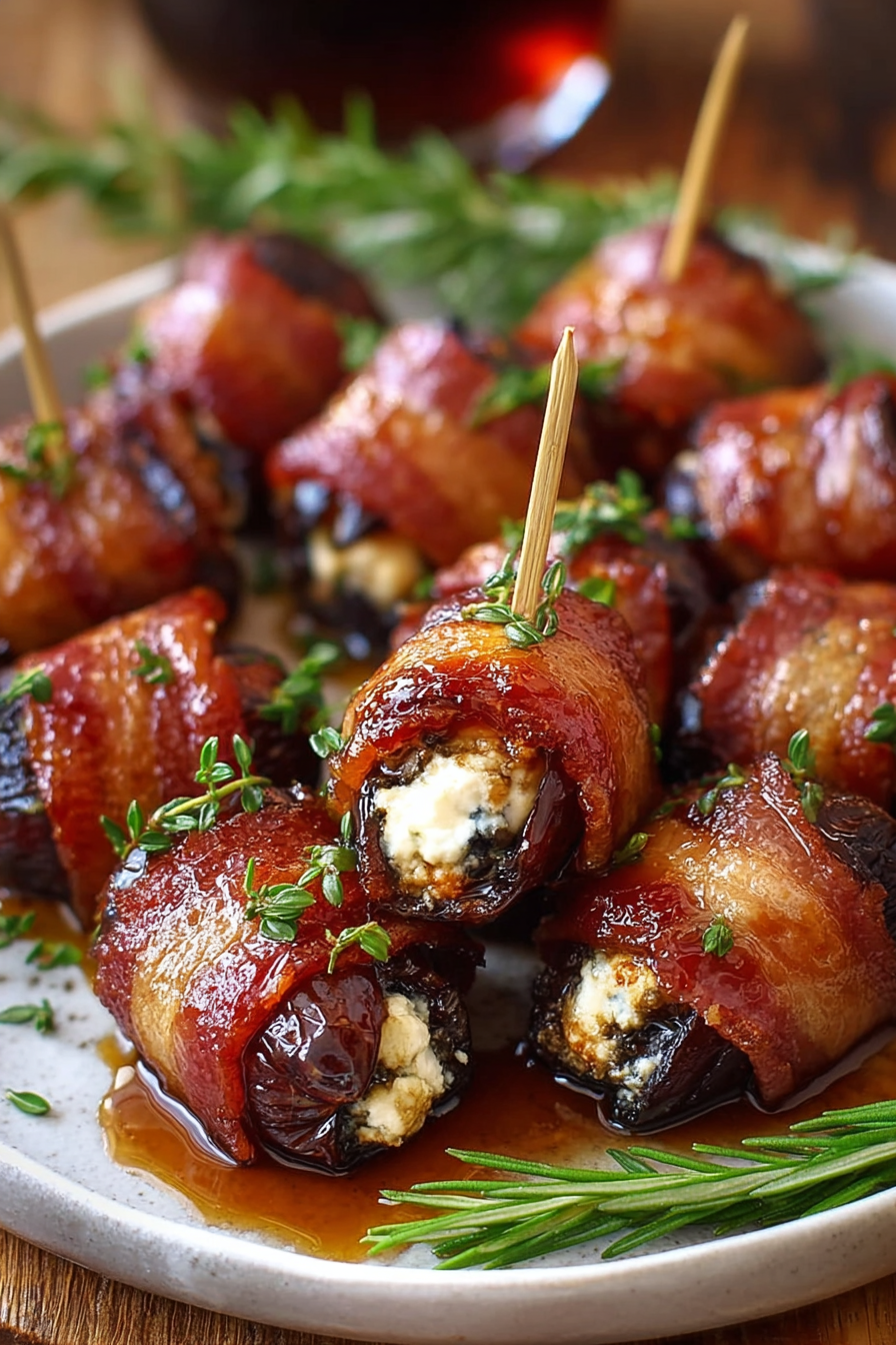 Bacon-wrapped dates on a baking sheet