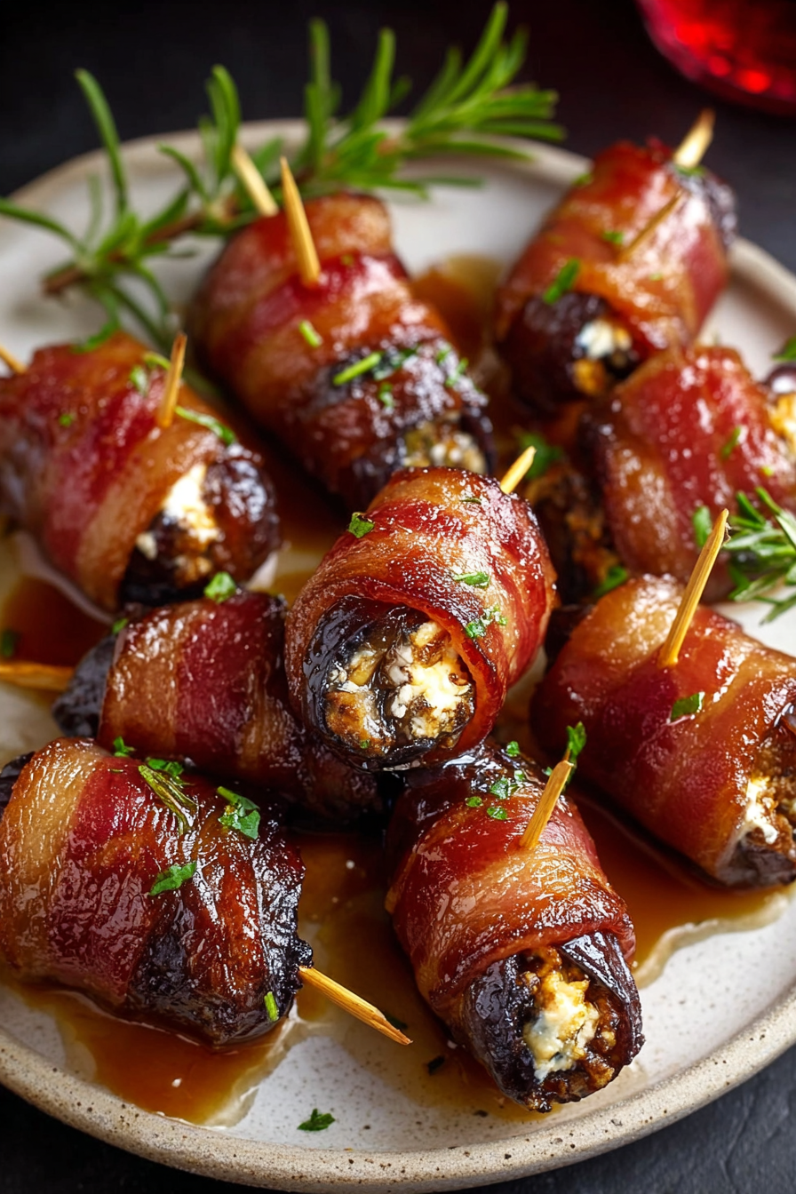 Plated bacon-wrapped dates with garnish