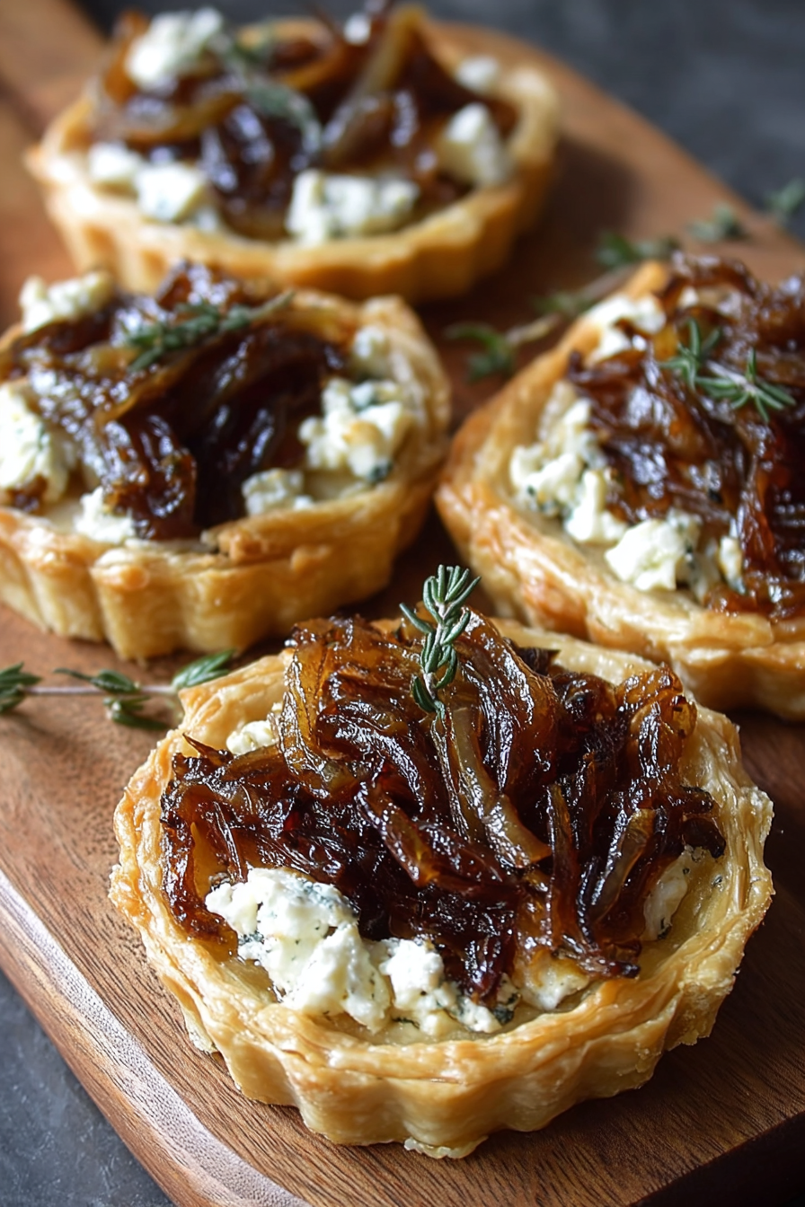 Two caramelized onion and goat cheese tarts on parchment