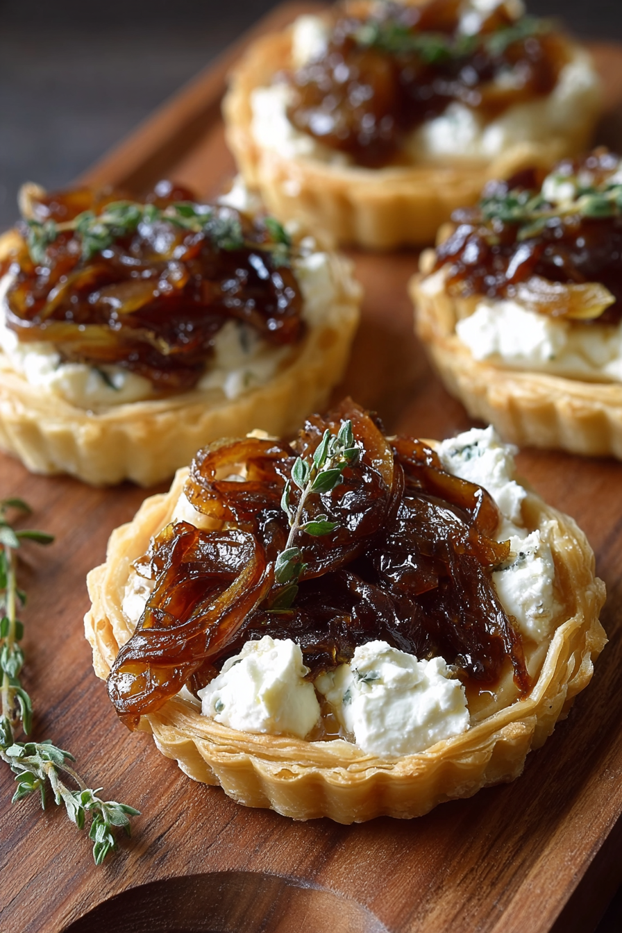 Plated caramelized onion tarts with thyme garnish